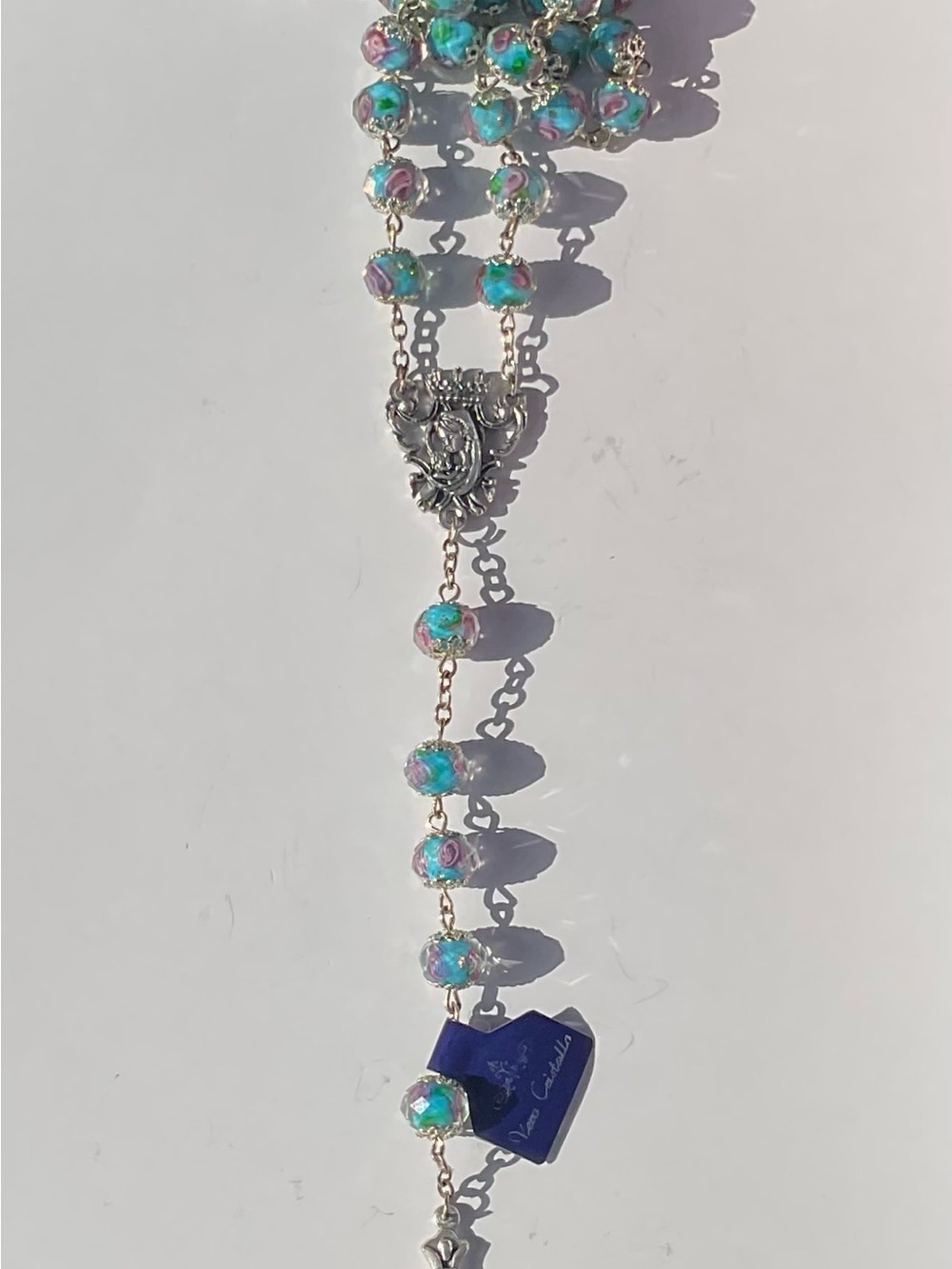 Turquoise Encased Lampwork Crystal Floral Rosary with Bright Pink Roses Inside - Picture 11 of 12